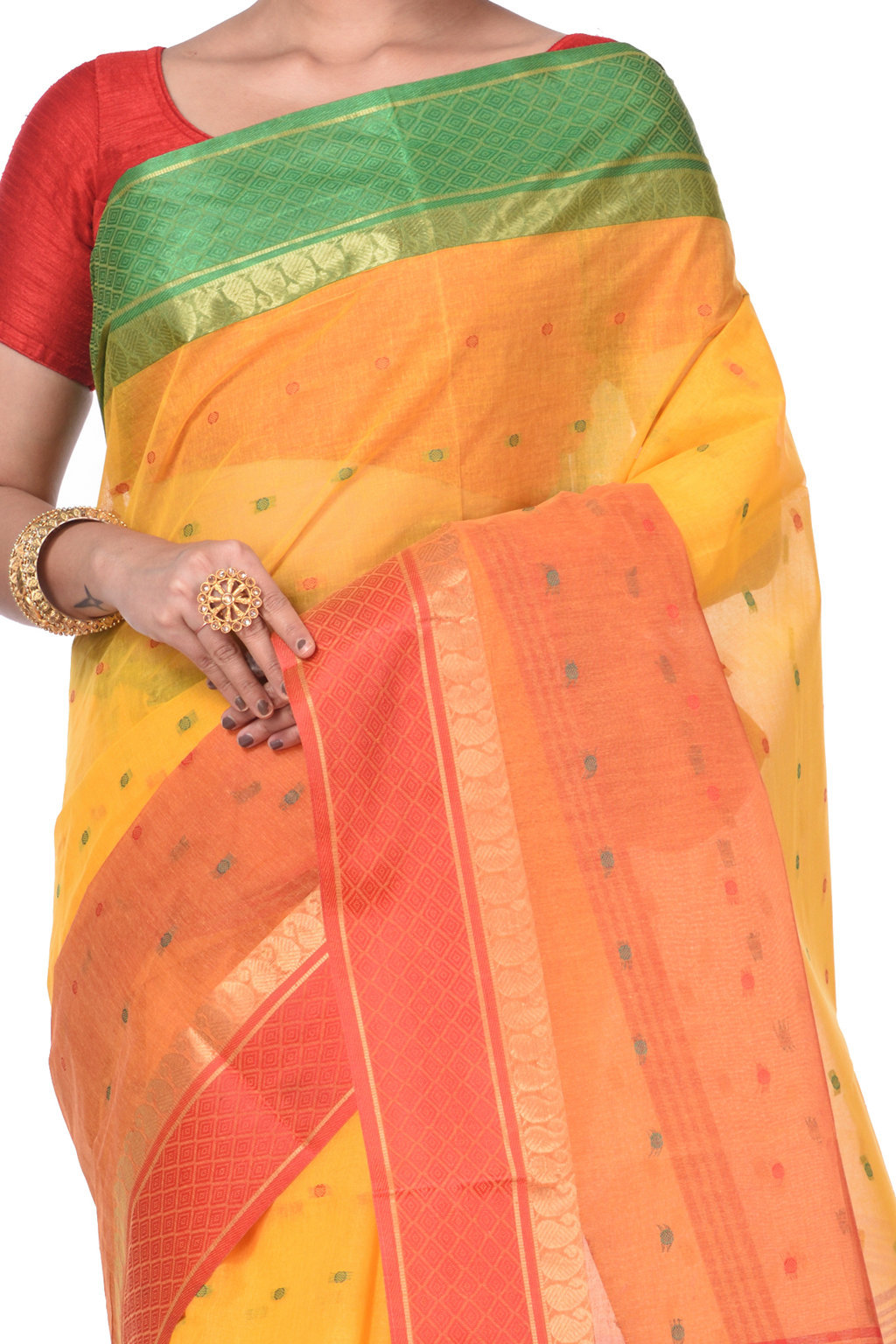 Yellow Pure Cotton Ganga Jamuna_Buti Tant Saree (650)